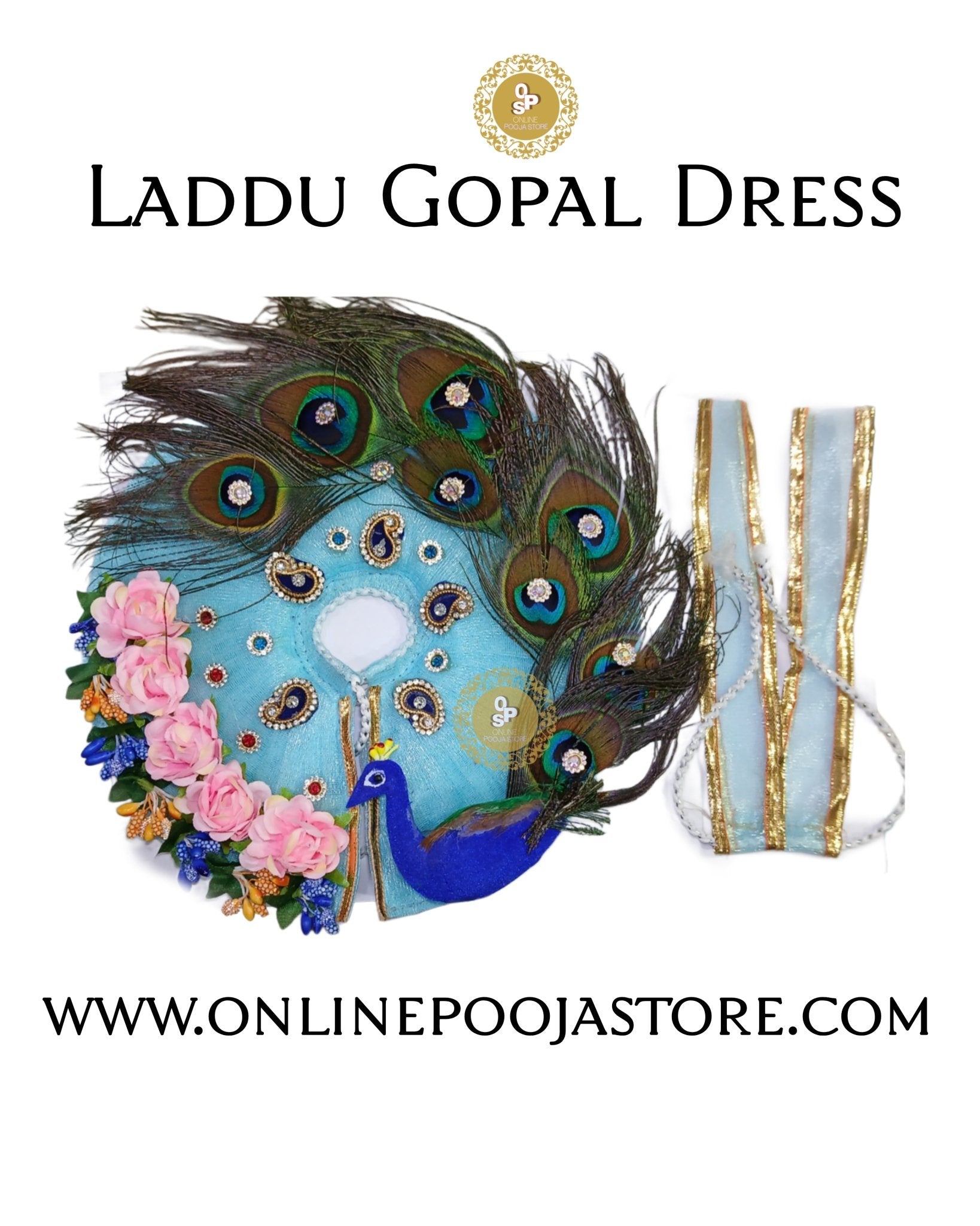 Elegant New Design Laddu Gopal Dress with Peacock Feather & Floral | Size 3 to 6 - ONLINE POOJA STORE