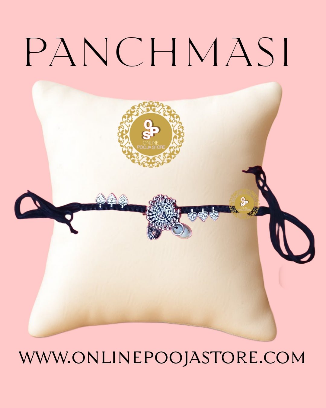 Panchmasi Rakhi with Floral Silver Motif & Double Pearl Drop – Premium Handmade - ONLINE POOJA STORE