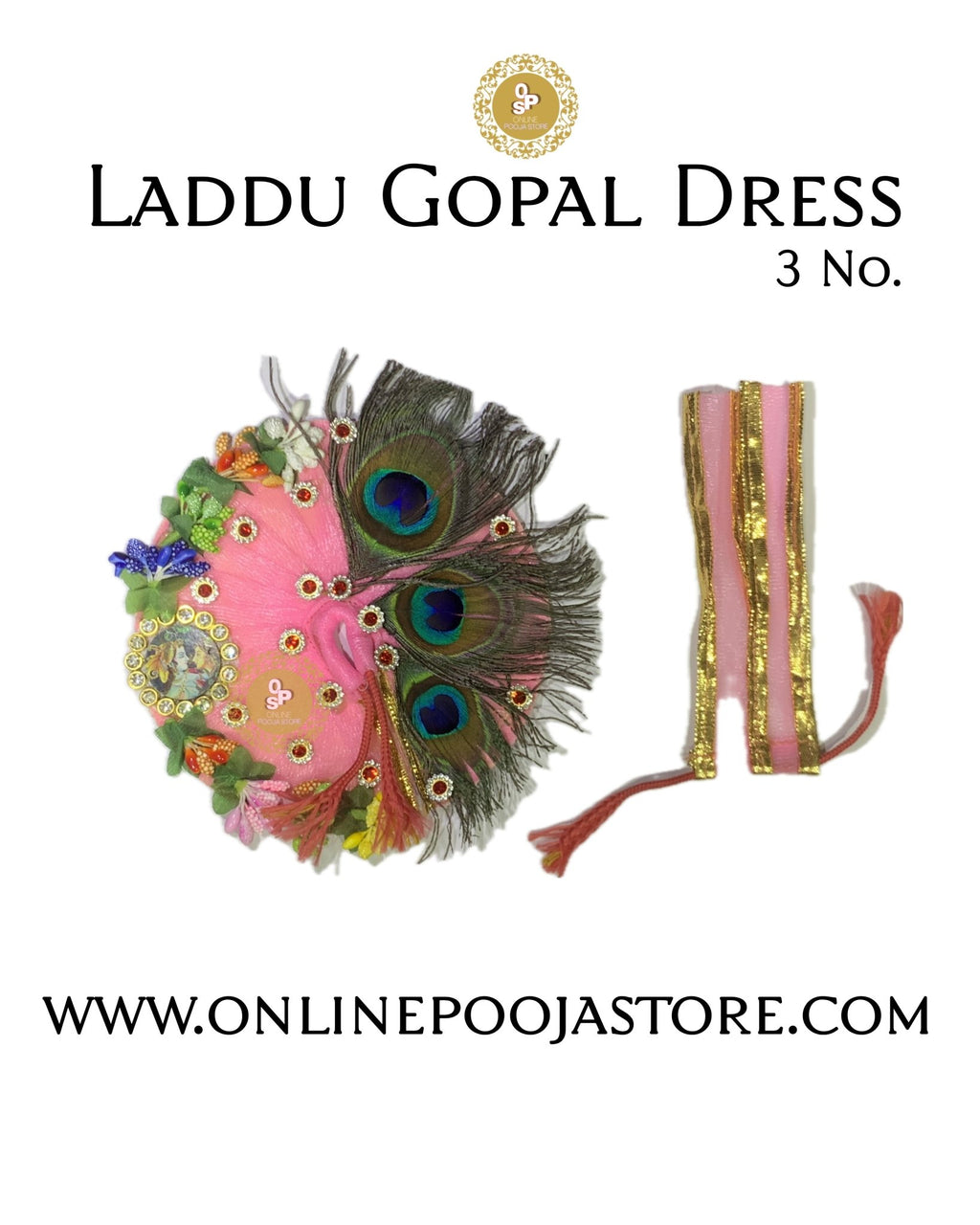 Elegant Laddu Gopal Poshak with Peacock Feather & Floral Decoration | 5 Color Option - ONLINE POOJA STORE