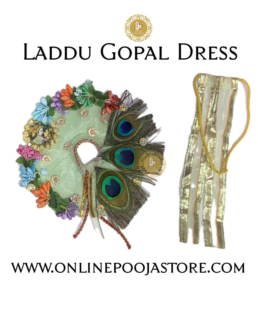 Elegant Laddu Gopal Poshak with Peacock Feather & Floral Decoration | 5 Color Option - ONLINE POOJA STORE