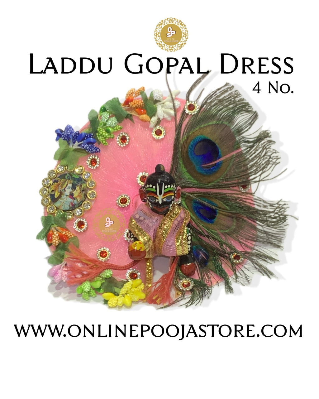 Elegant Laddu Gopal Poshak with Peacock Feather & Floral Decoration | 5 Color Option - ONLINE POOJA STORE