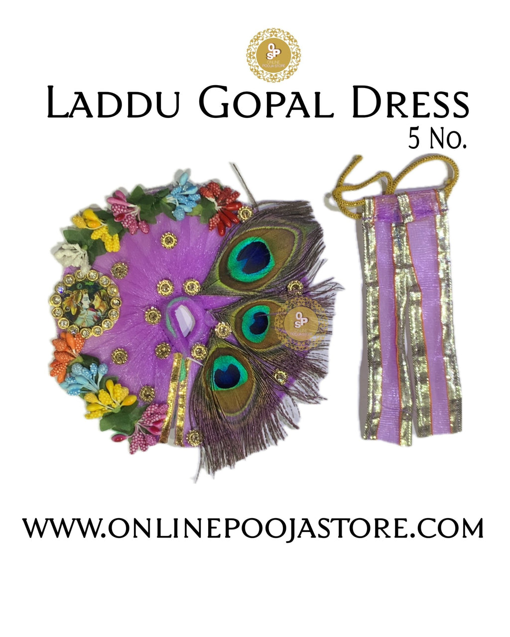 Elegant Laddu Gopal Poshak with Peacock Feather & Floral Decoration | 5 Color Option - ONLINE POOJA STORE