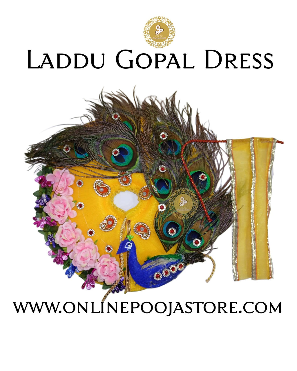 Elegant New Design Laddu Gopal Dress with Peacock Feather & Floral | Size 3 to 6 - ONLINE POOJA STORE