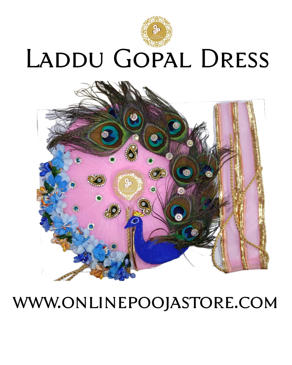 Elegant New Design Laddu Gopal Dress with Peacock Feather & Floral | Size 3 to 6 - ONLINE POOJA STORE
