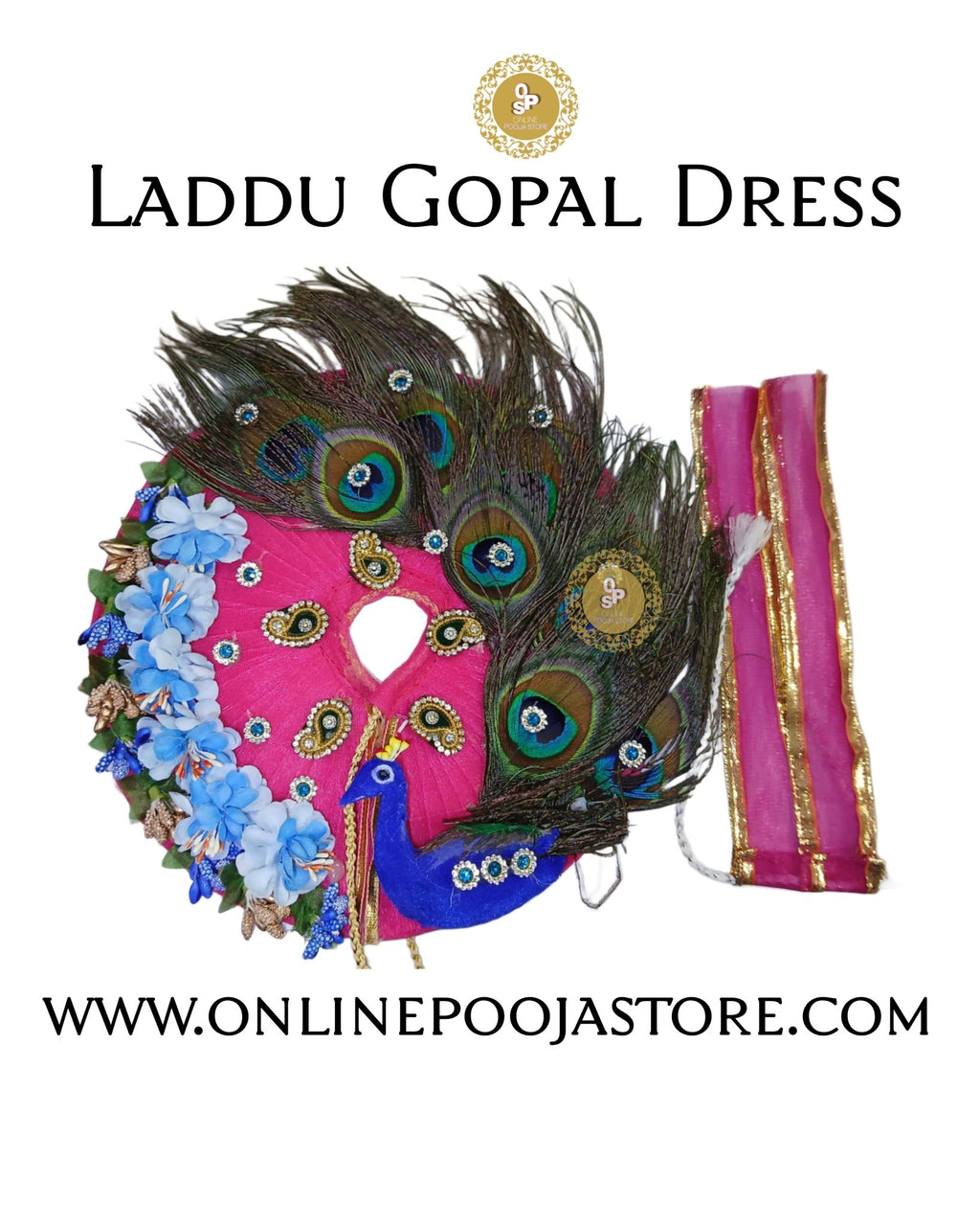 Elegant New Design Laddu Gopal Dress with Peacock Feather & Floral | Size 3 to 6 - ONLINE POOJA STORE