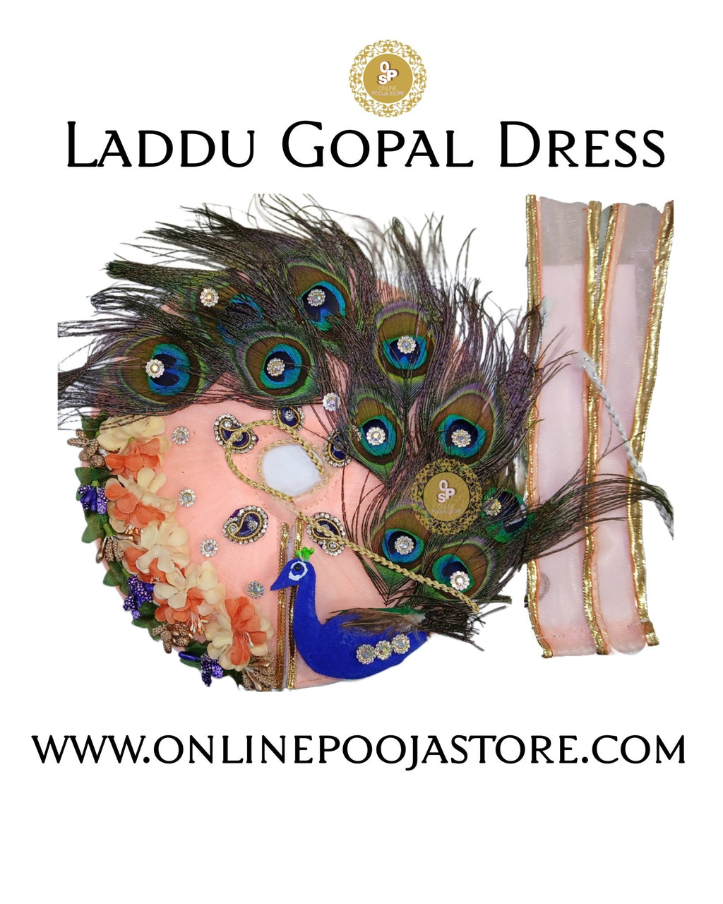 Elegant New Design Laddu Gopal Dress with Peacock Feather & Floral | Size 3 to 6 - ONLINE POOJA STORE
