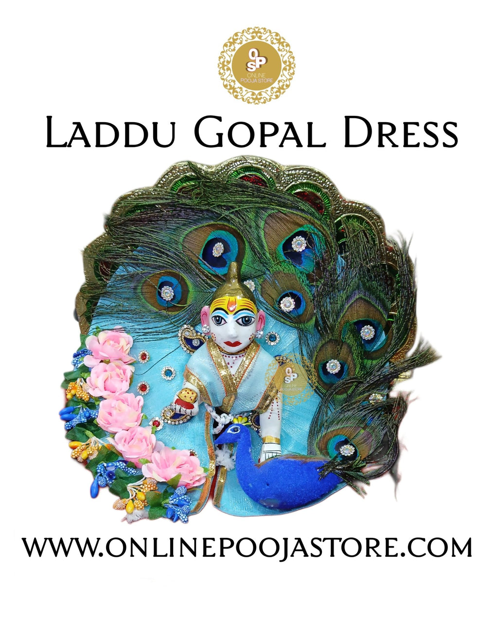 Elegant New Design Laddu Gopal Dress with Peacock Feather & Floral | Size 3 to 6 - ONLINE POOJA STORE
