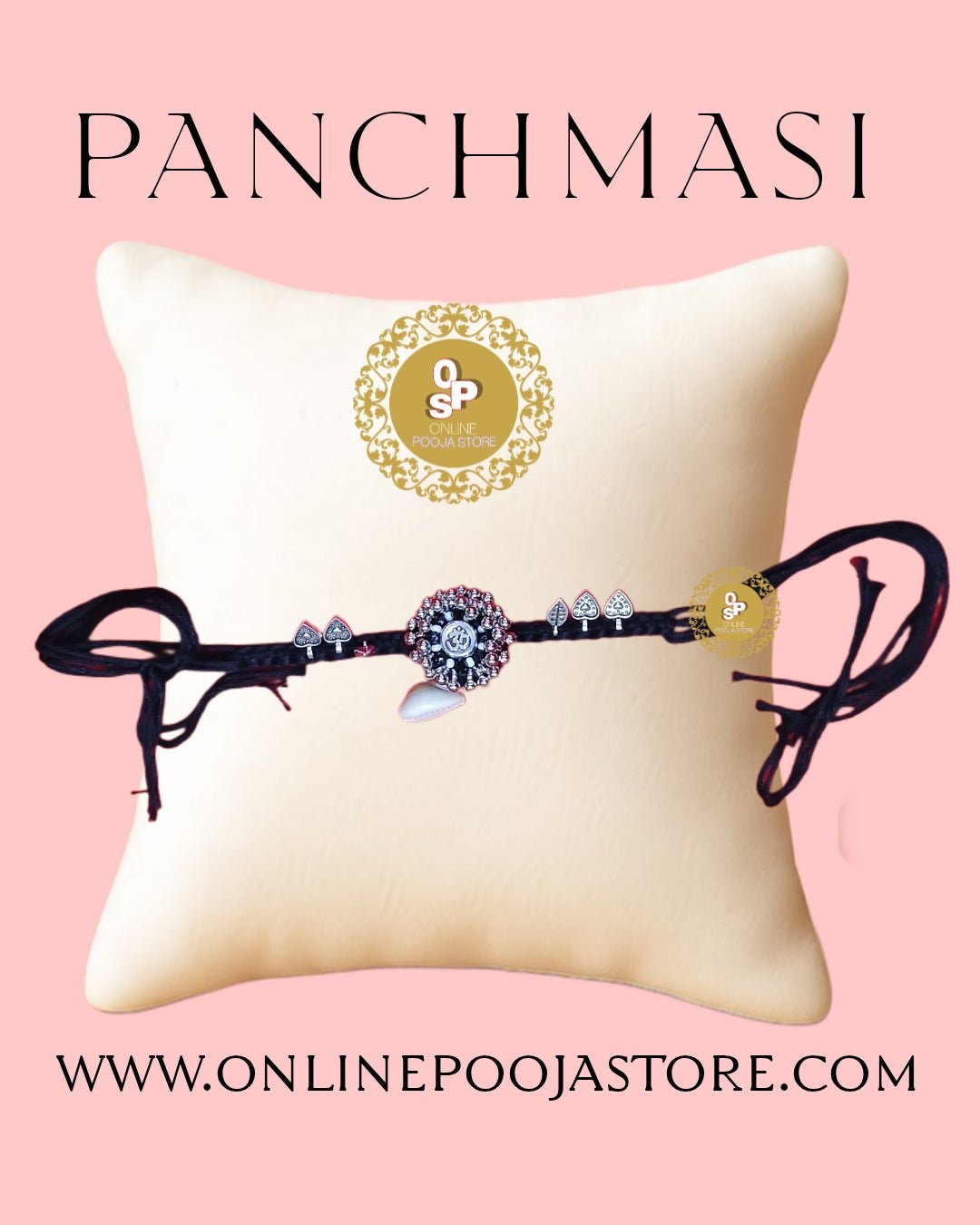 Elegant Panchmasi Rakhi with Intricate Om Centerpiece & White Pearl Drop – Handcrafted Kalava Thread Rakhi - ONLINE POOJA STORE
