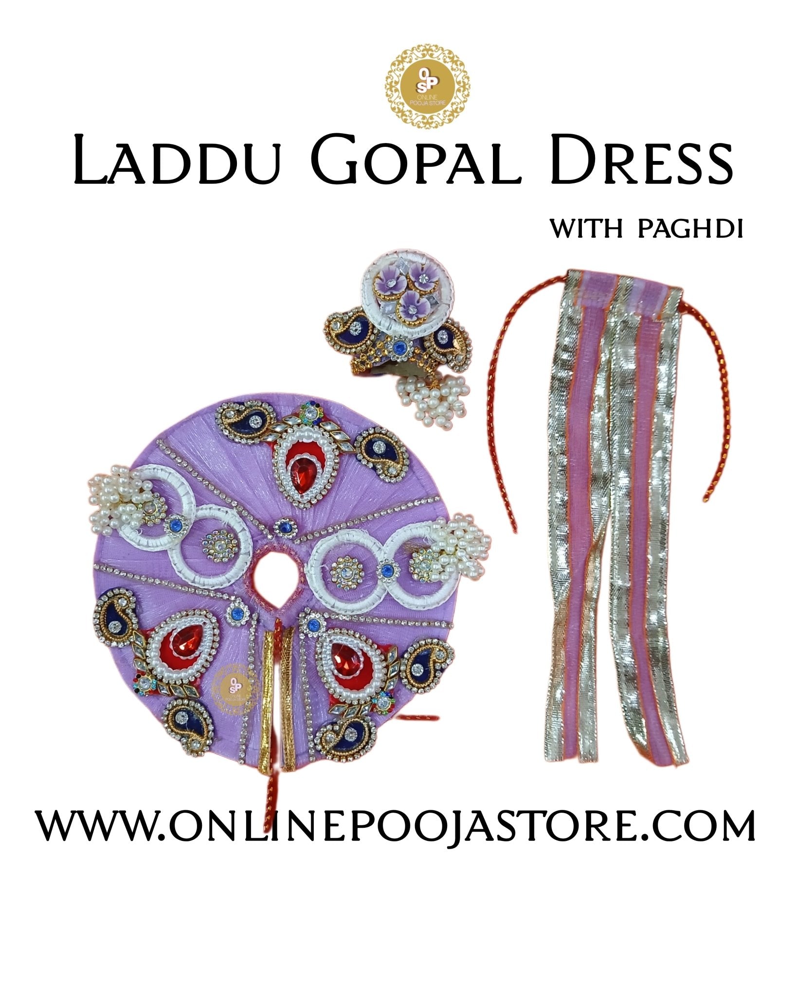 Handcrafted Laddu Gopal Dress with Pagdi | Available in 9 Colors | Decorative Stone & Sequin Work - ONLINE POOJA STORE