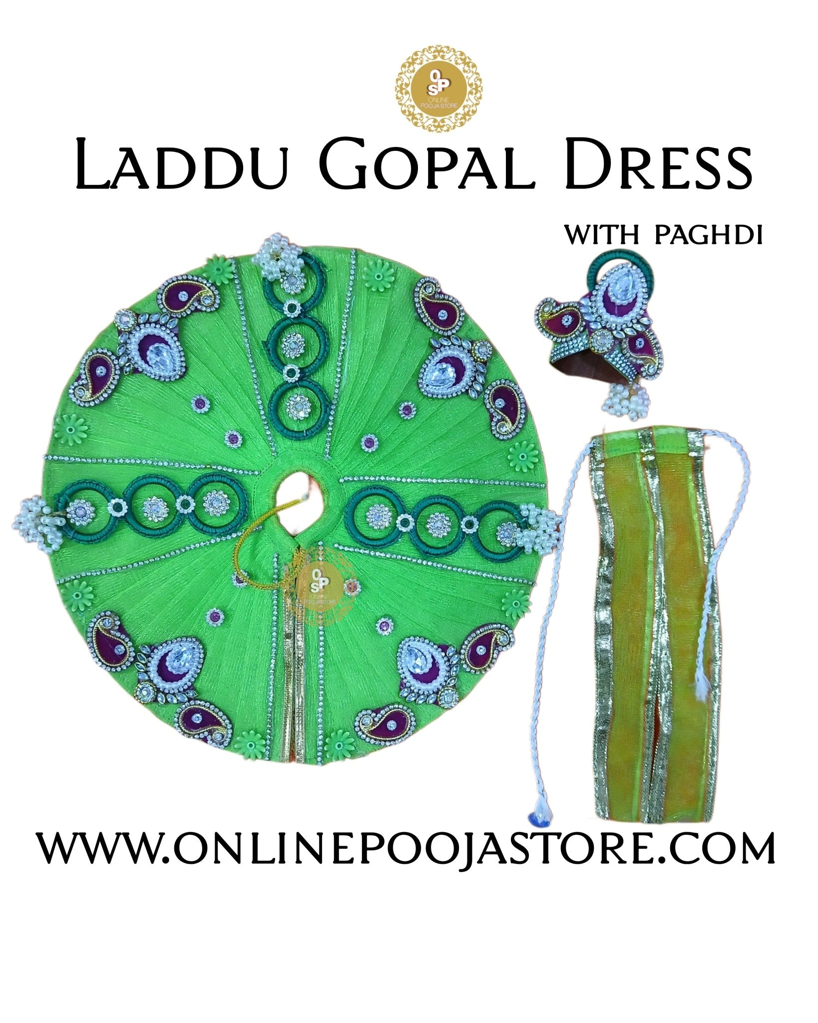 Handcrafted Laddu Gopal Dress with Pagdi | Available in 9 Colors | Decorative Stone & Sequin Work - ONLINE POOJA STORE
